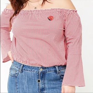 Red and white gingham print off shoulder top